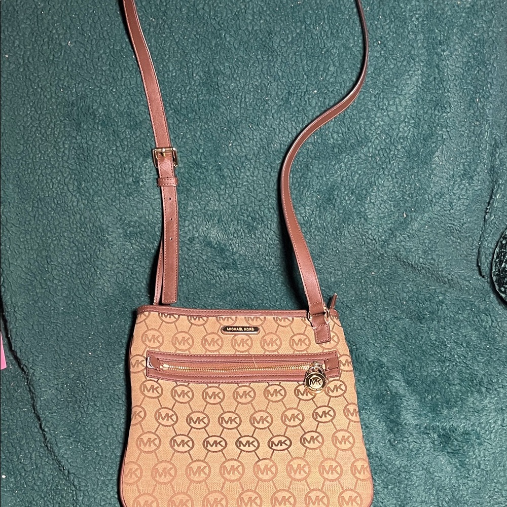 Michael Kors Tan and Brown Logo Crossbody Bag